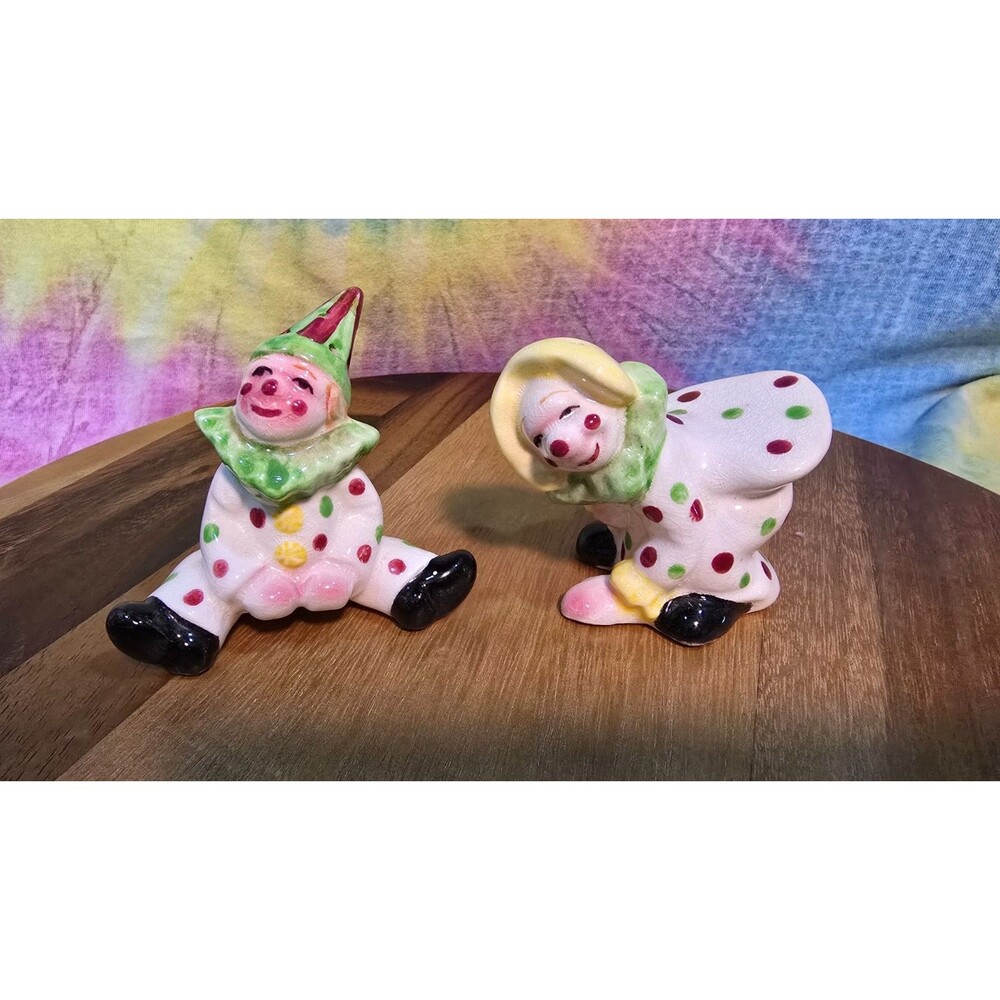 Vintage Japan Stacking Tumbling Clowns Salt & Pepper Shakers Polka Dot Ceramic